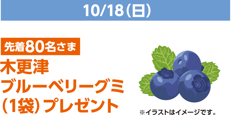 10/18(日) 先着80名さま 木更津ブルーベリーグミ（1袋）プレゼント ※イラストはイメージです。
